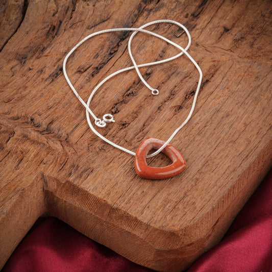 Carved Natural Red Jasper Triangle Silver Necklace