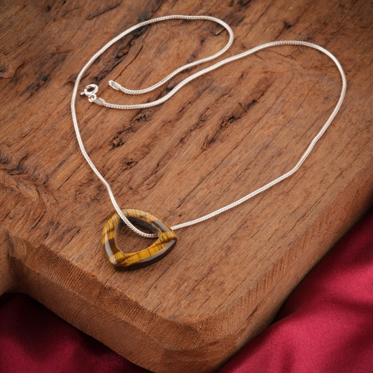 Carved Natural Tiger Stone Triangle Silver Necklace