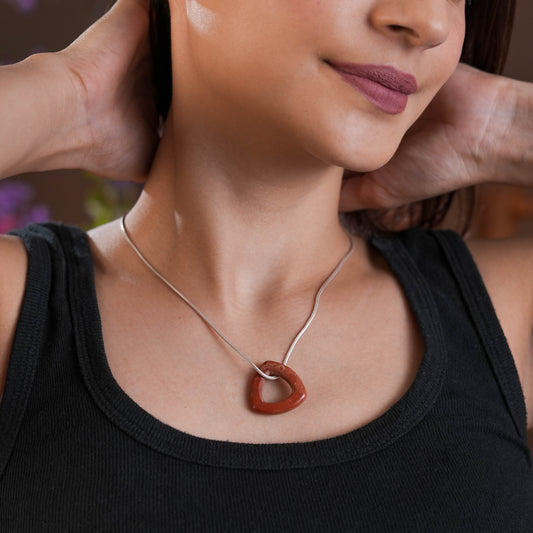 Carved Natural Red Jasper Triangle Silver Necklace