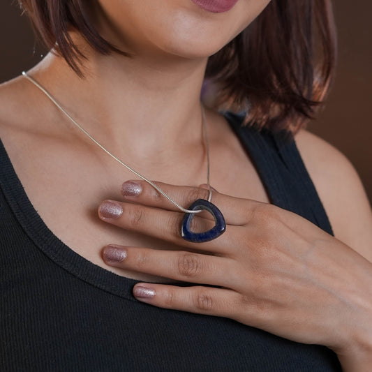 Carved Lapis Lazuli Triangle Silver Necklace