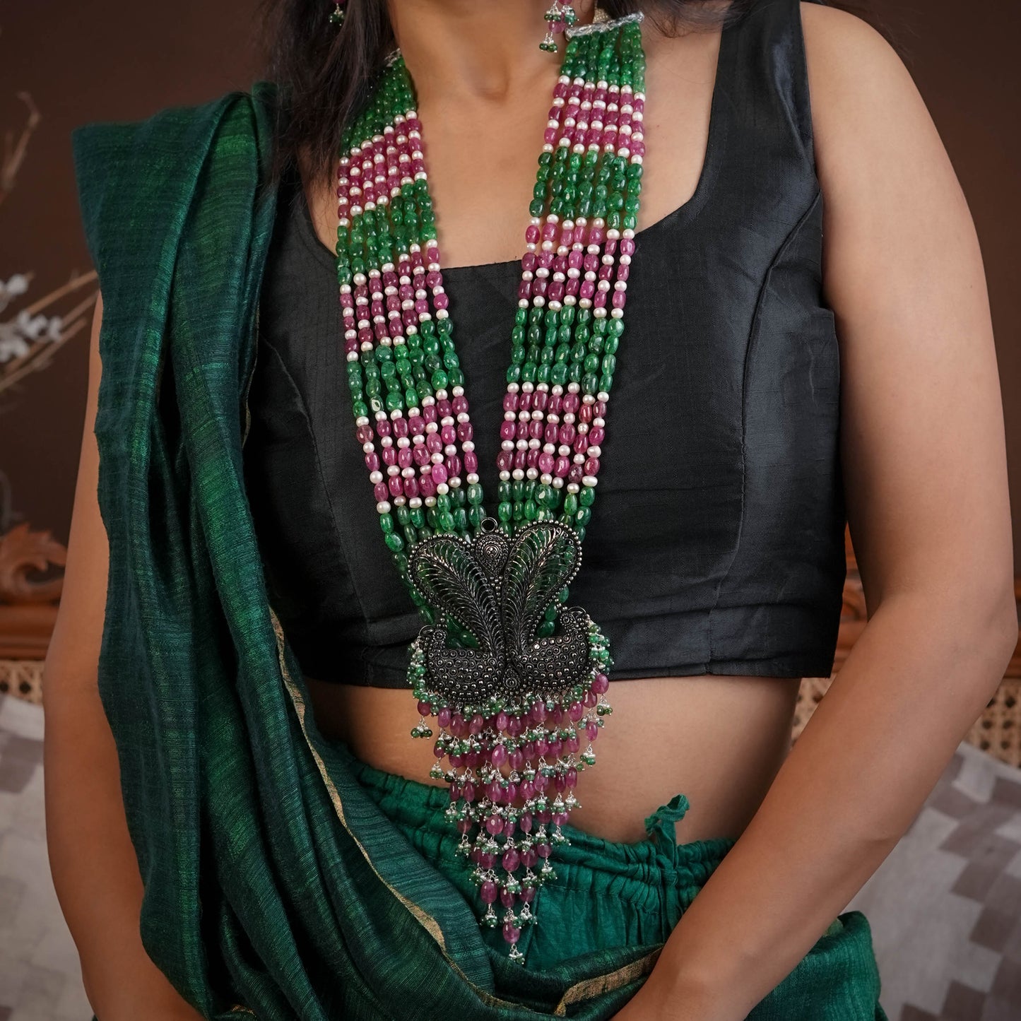 Rambagh Royal Peacock Silver Necklace Set