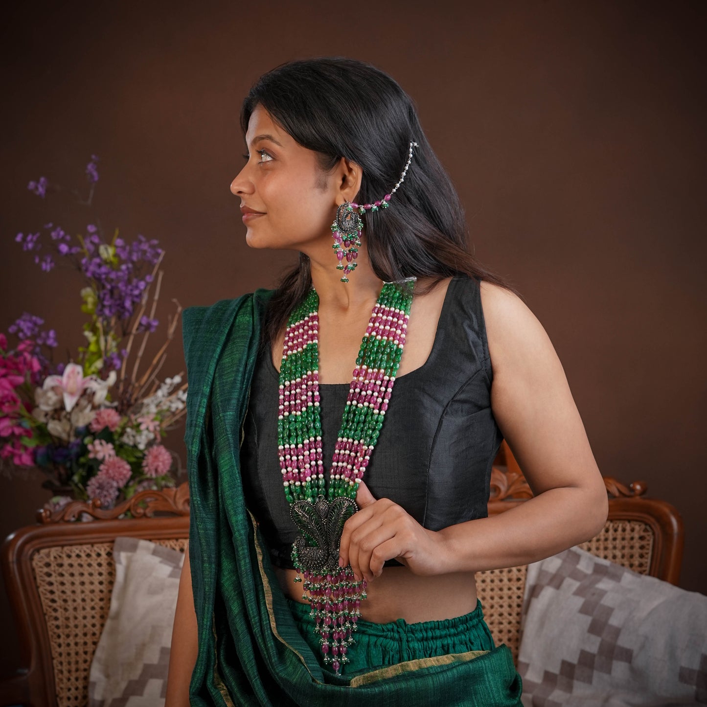 Rambagh Royal Peacock Silver Necklace Set