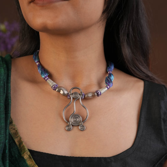 Gypsy Indigo Silk Thread Silver Necklace