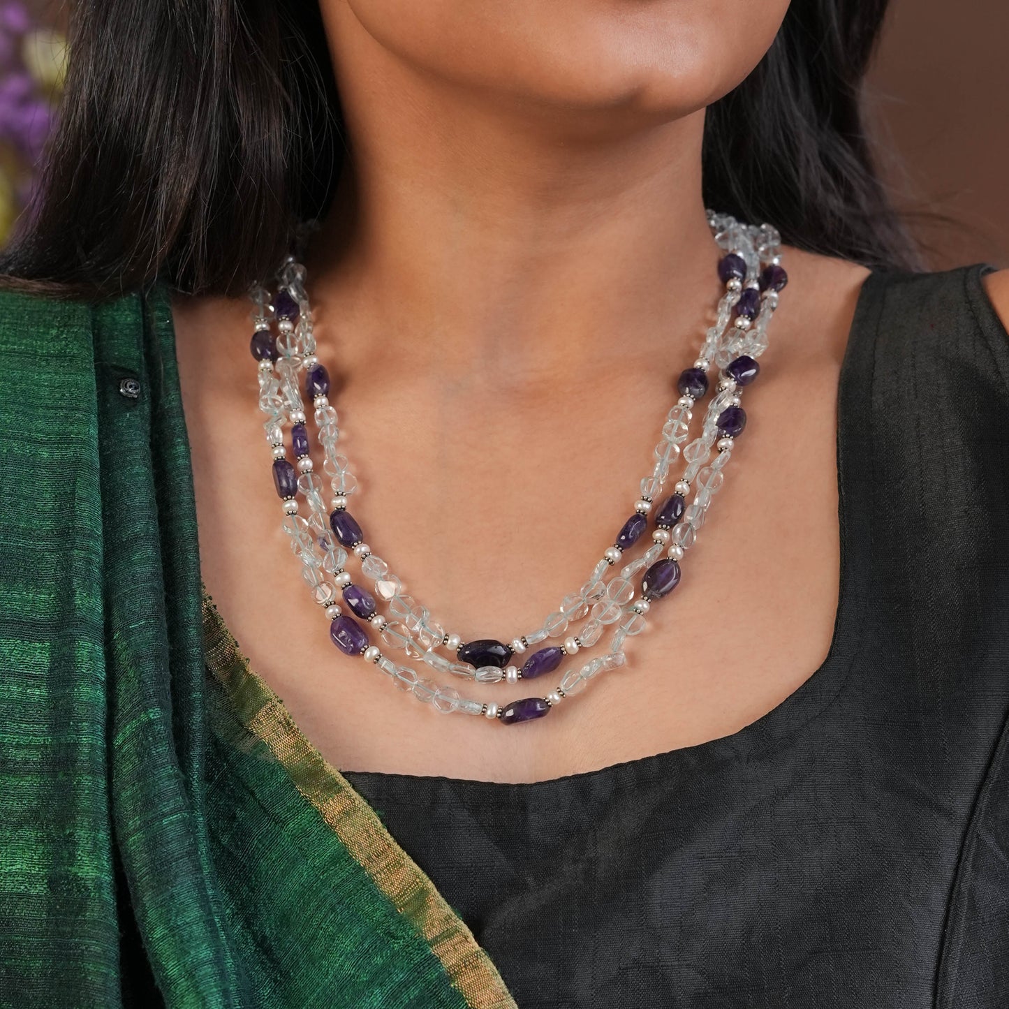 Tri layered Silve Aquamarine Amethyst Necklace