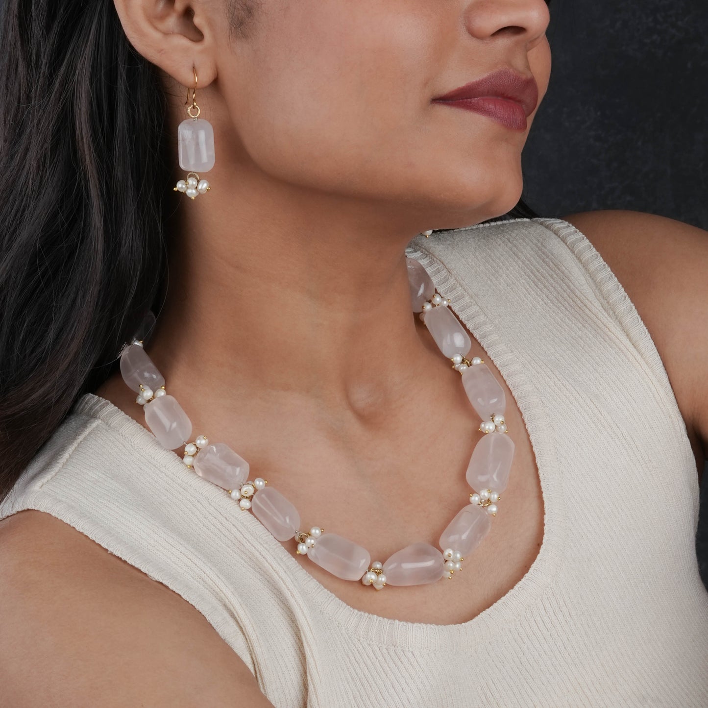 Rose Quartz Tumbles Pearls Necklace Set