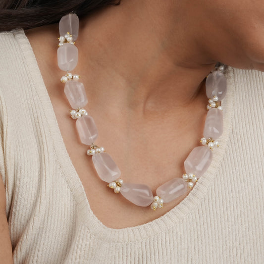 Rose Quartz Tumbles Pearls Necklace Set