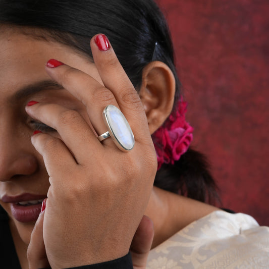 Oblong Moonstone Silver Ring