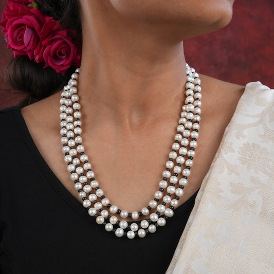Pearl and Black Onyx Triple Layered Necklace