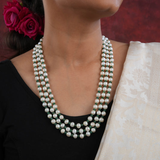 Pearl and Green Onyx Triple Layered Necklace