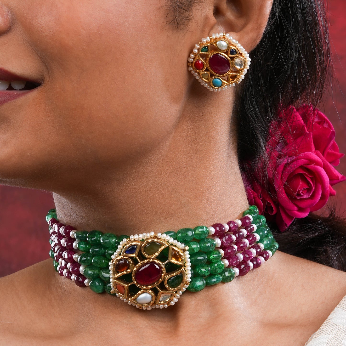 Navratna Gold Plated Silver Choker Set