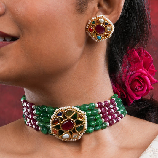 Navratna Gold Plated Silver Choker Set