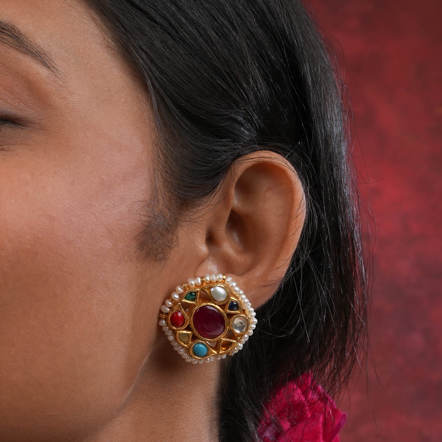 Navratna Gold Plated Silver Choker Set