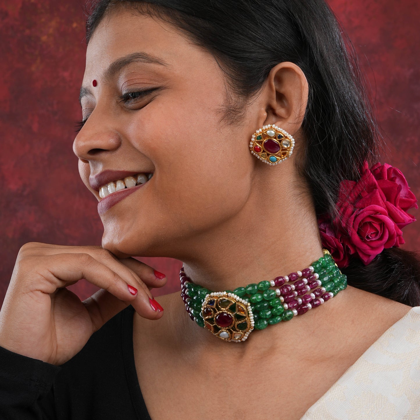 Navratna Gold Plated Silver Choker Set