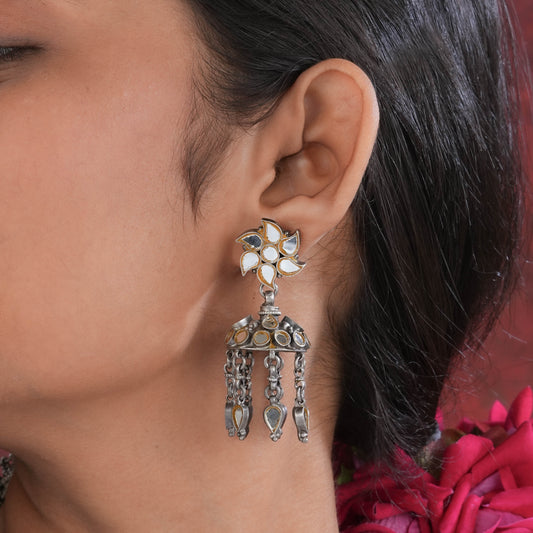 Madhu Chandrika Mirror Silver Jhumki