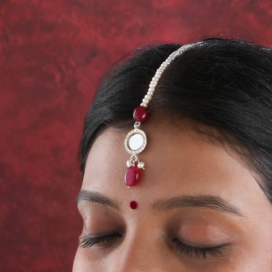 Madhu Chandrika Mirror Pearl Silver Maang Tikka