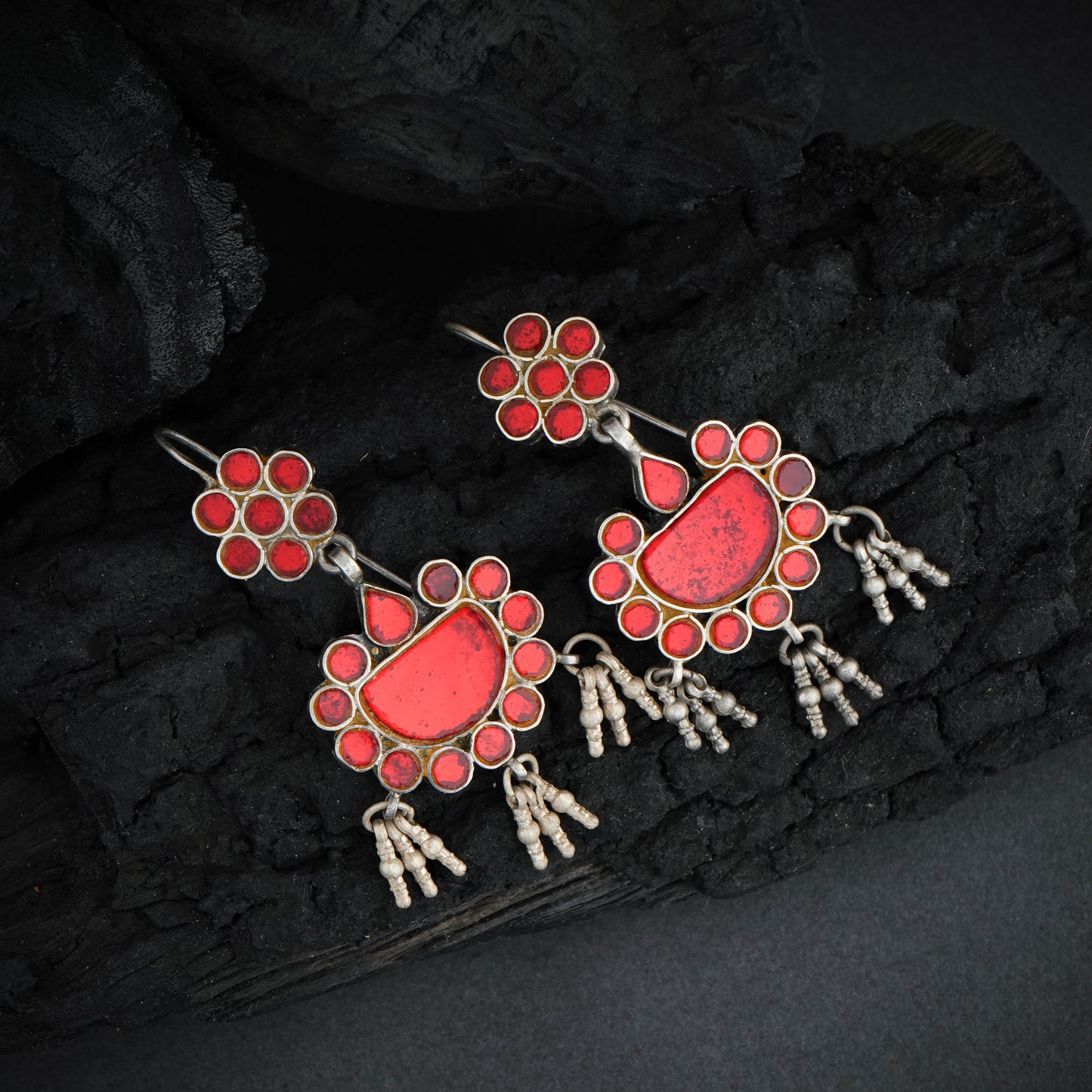 Madhu Chandrika Desert Red Silver Mirror Earrings