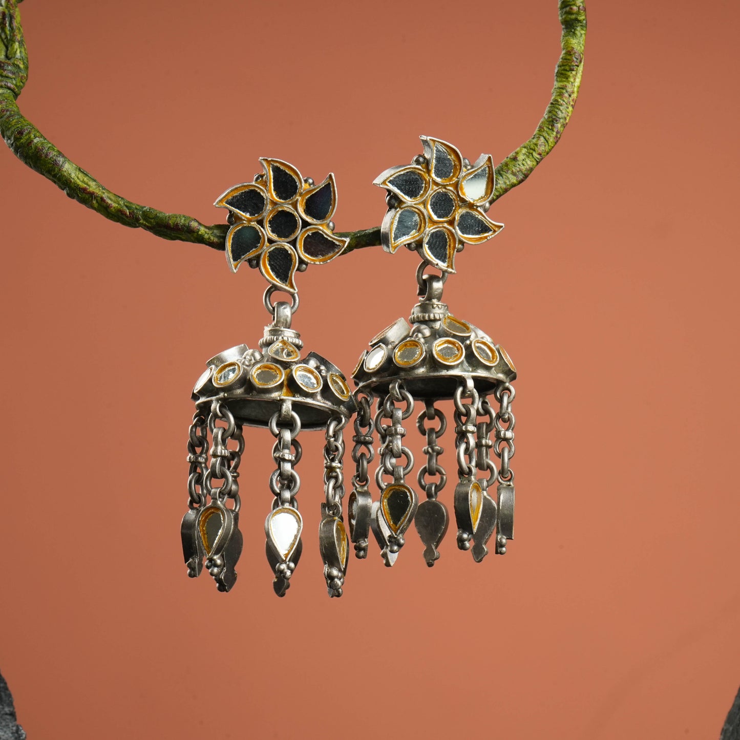 Madhu Chandrika Mirror Silver Jhumki