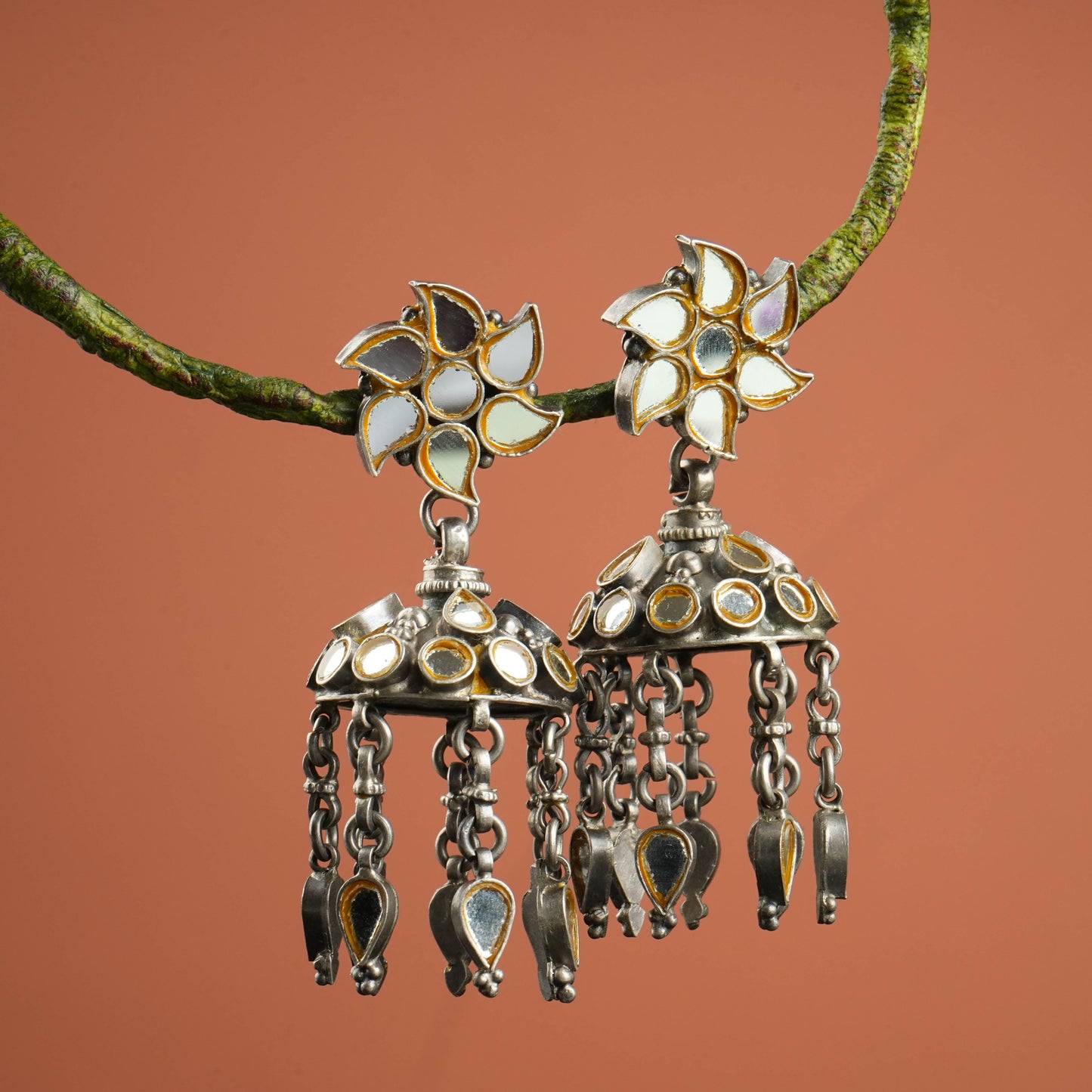 Madhu Chandrika Mirror Silver Jhumki