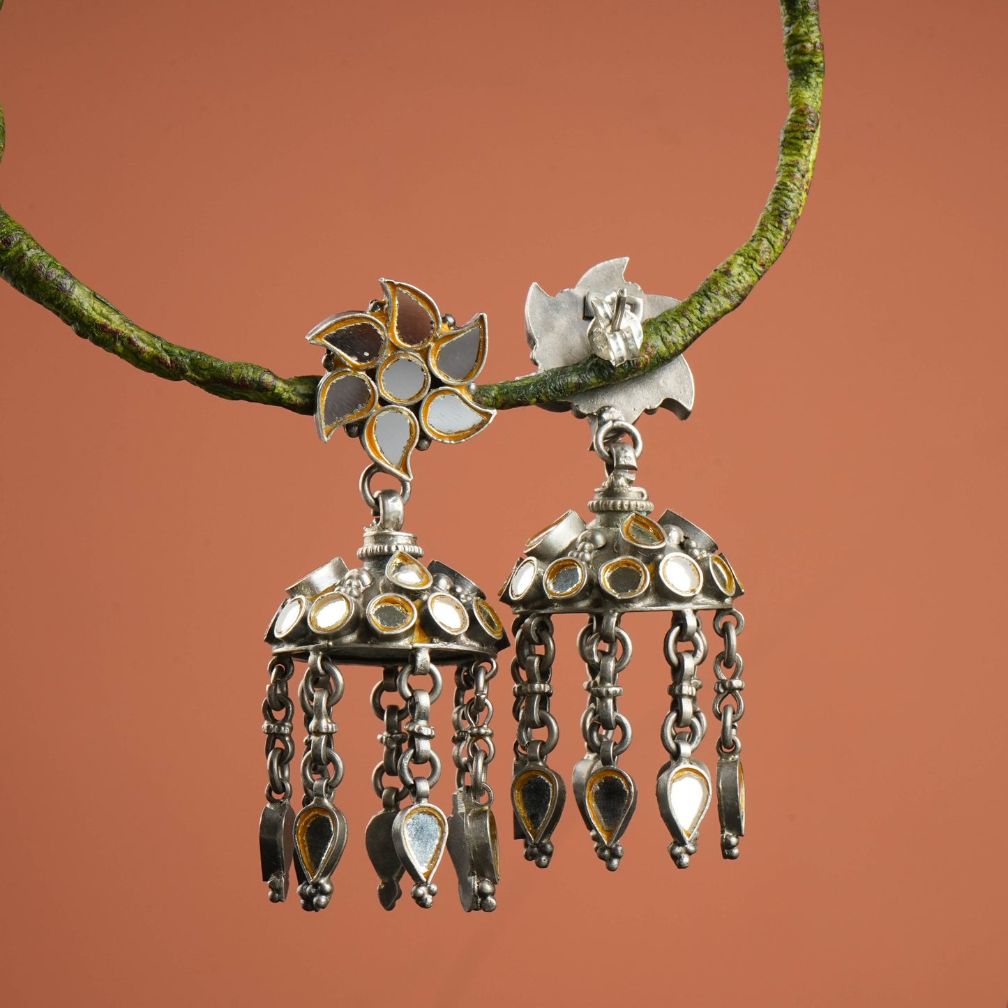 Madhu Chandrika Mirror Silver Jhumki