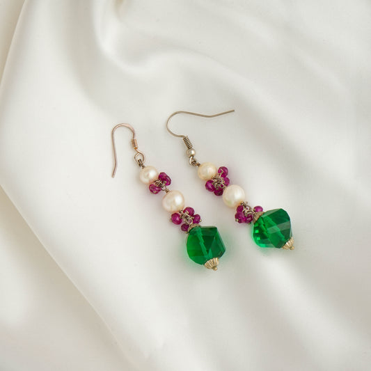 Green Sheen Pearl And Green Crystal Earrings