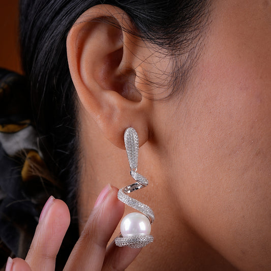 Spiral Silver Zircon And Pearls Earrings