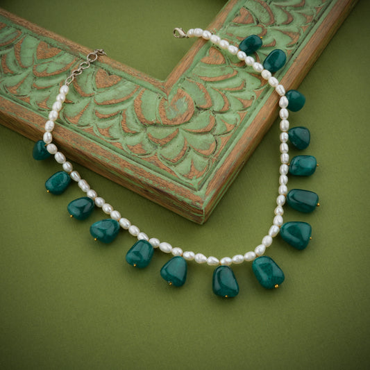Pearl And Tumbled Green Onyx Necklace