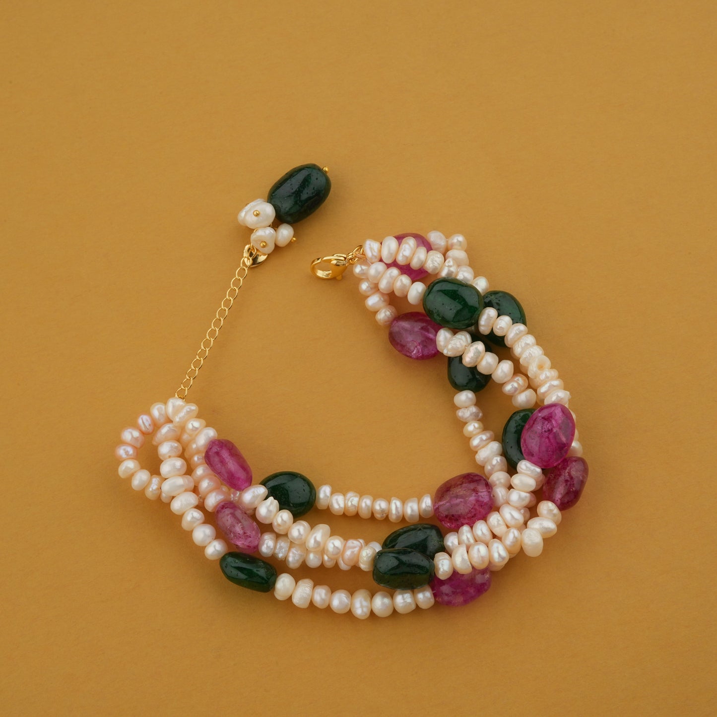 Emerald Green Ruby Red And Freshwater Pearl Bracelet