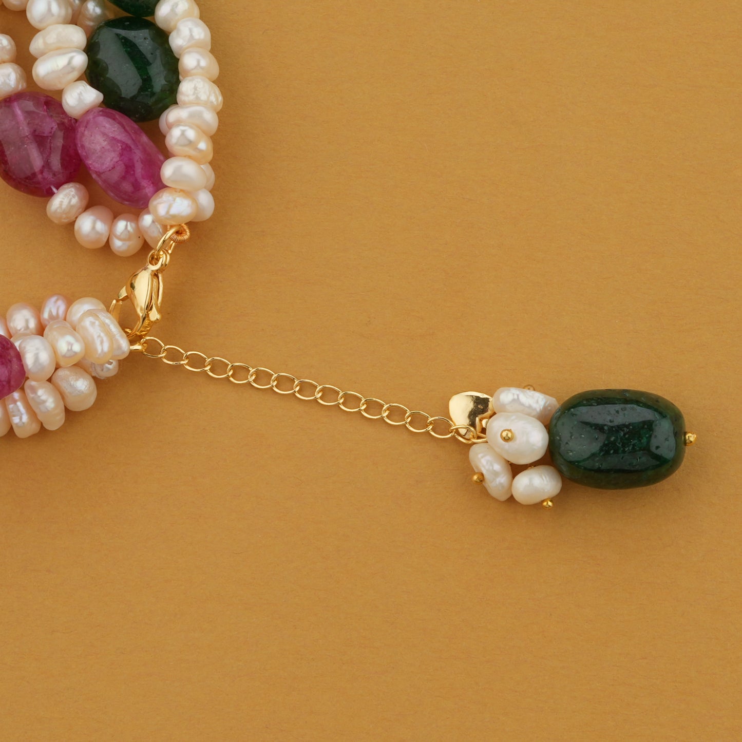 Emerald Green Ruby Red And Freshwater Pearl Bracelet