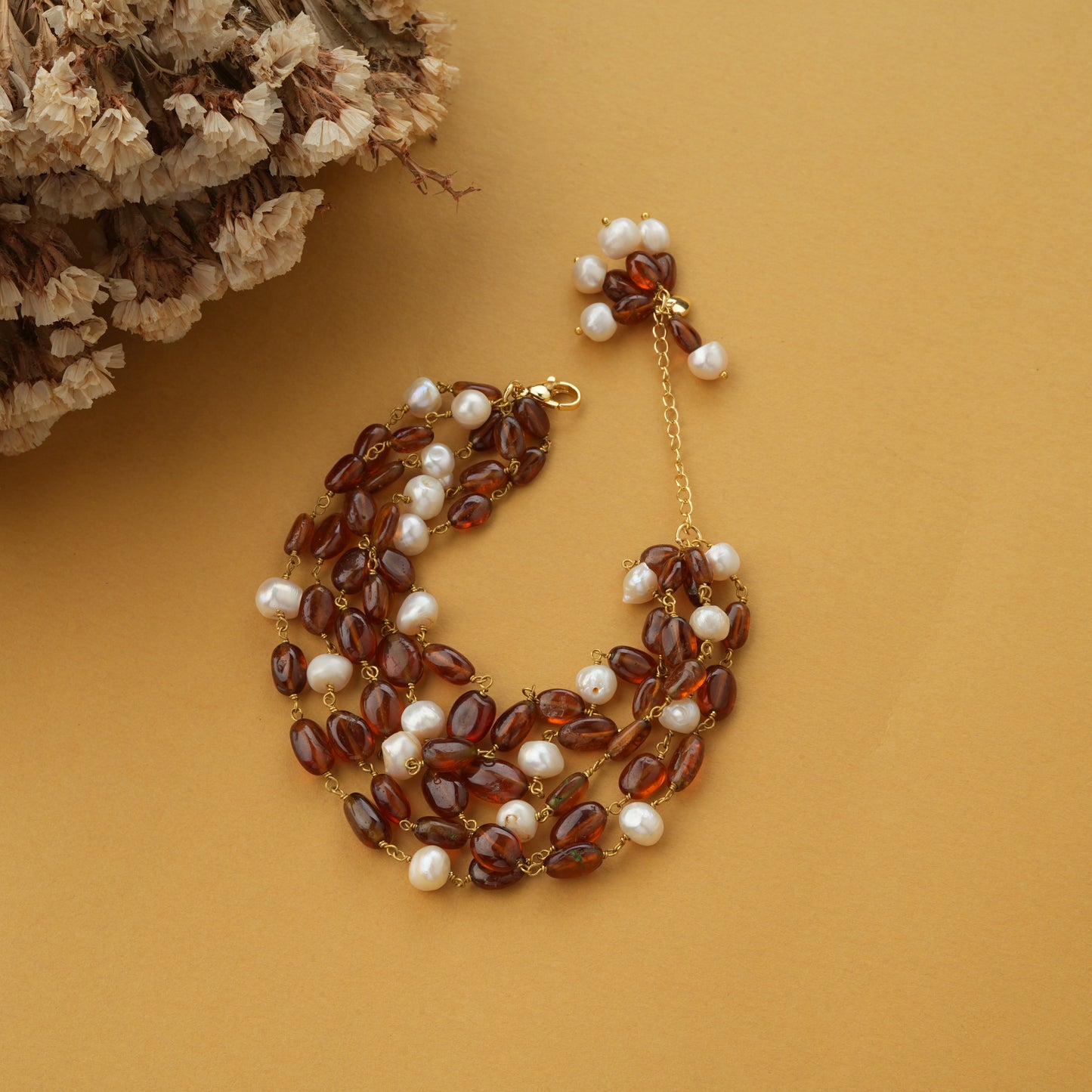 Natural Hessonite Freshwater Pearls Bracelet