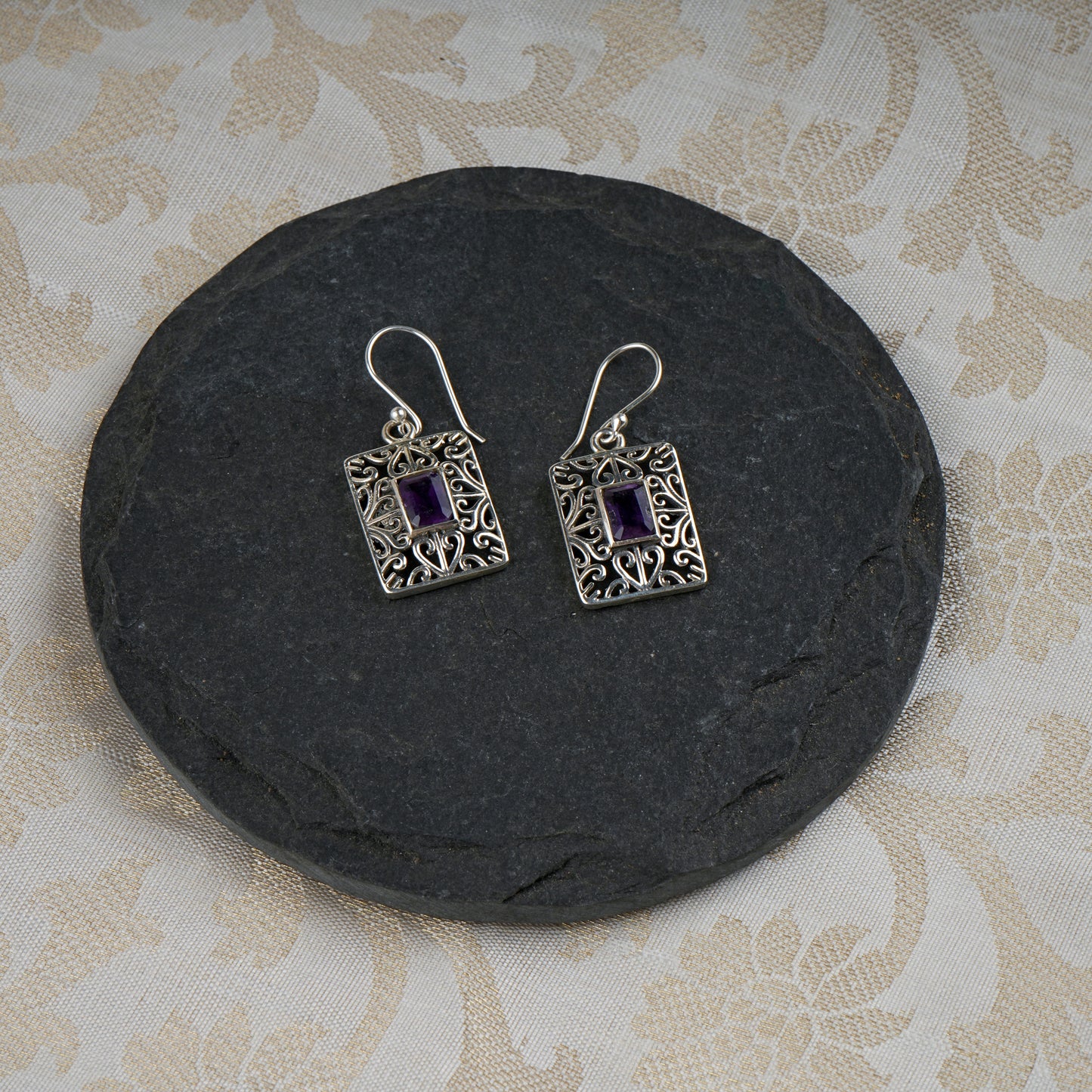 Faceted Amethyst Silver necklace With Filigree earrings