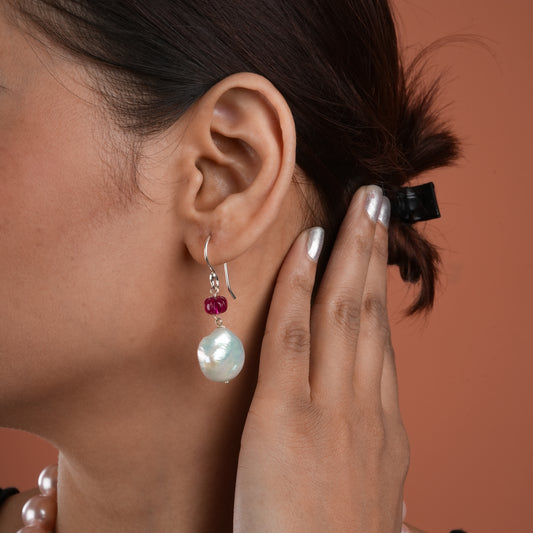 Ruby And White Coin Pearl Earrings