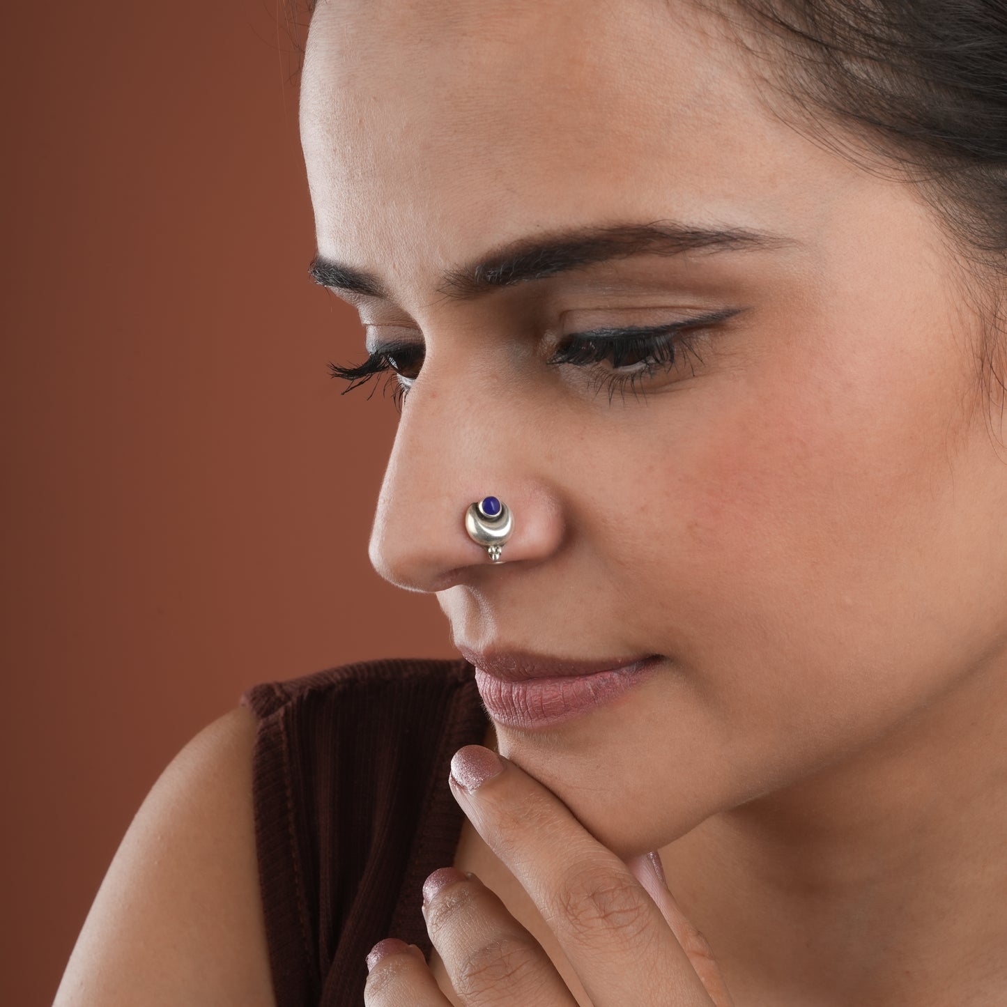 Antique Lapis Moon Silver Nose Pin