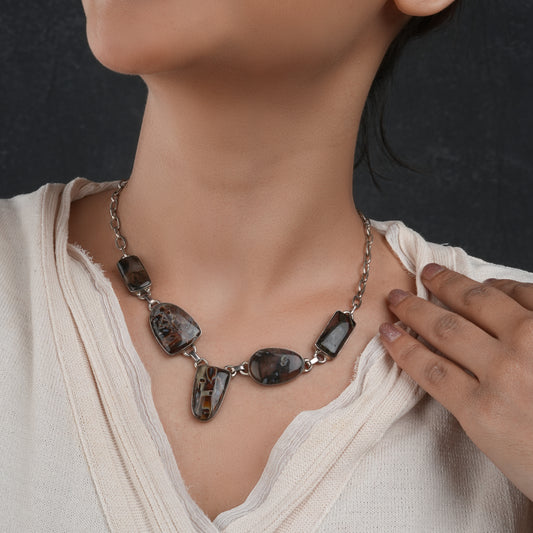 Unique Brown Agates Silver Necklace