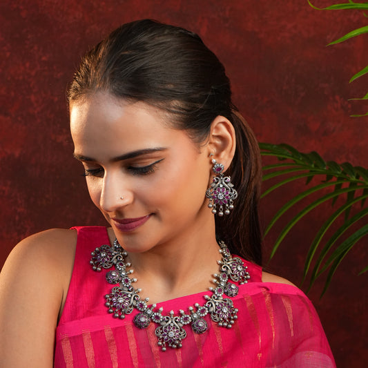 South Indian Peacock Silver Temple Necklace Set