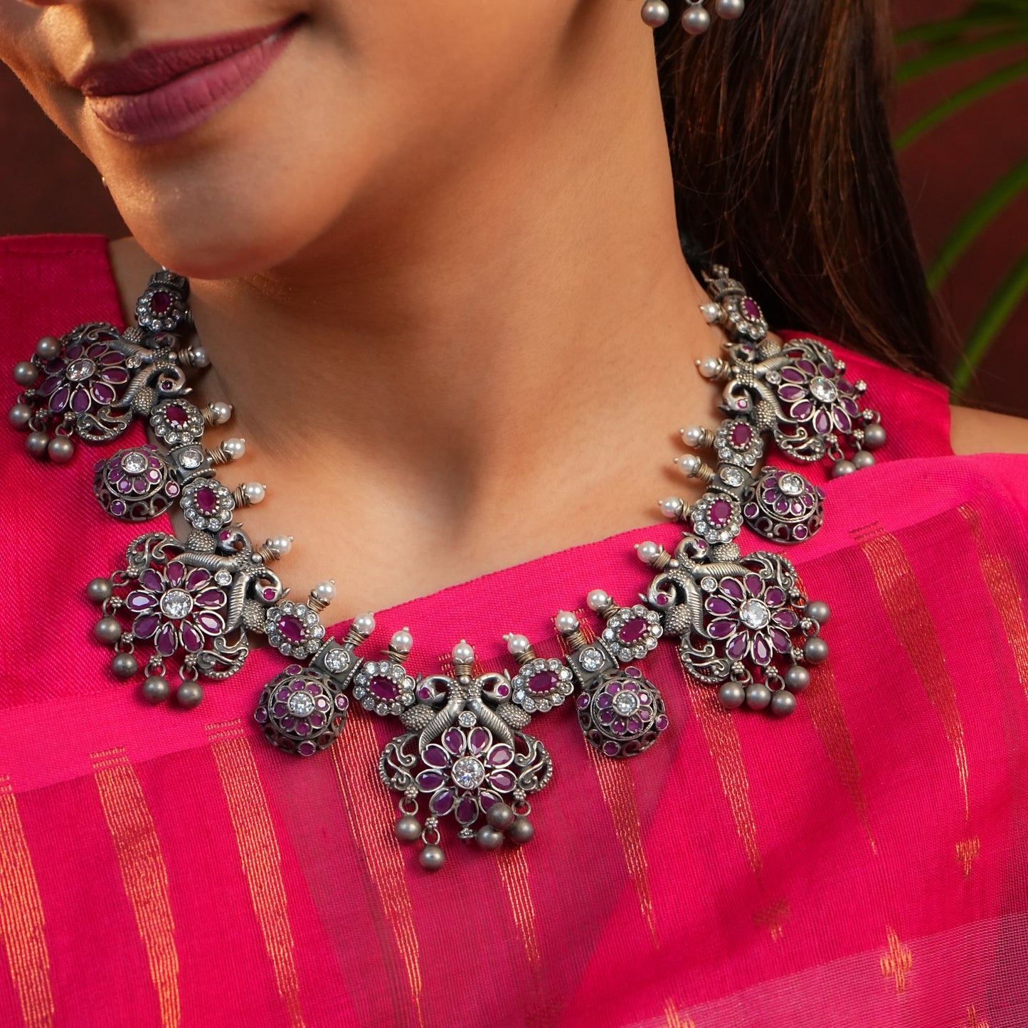 South Indian Peacock Silver Temple Necklace Set