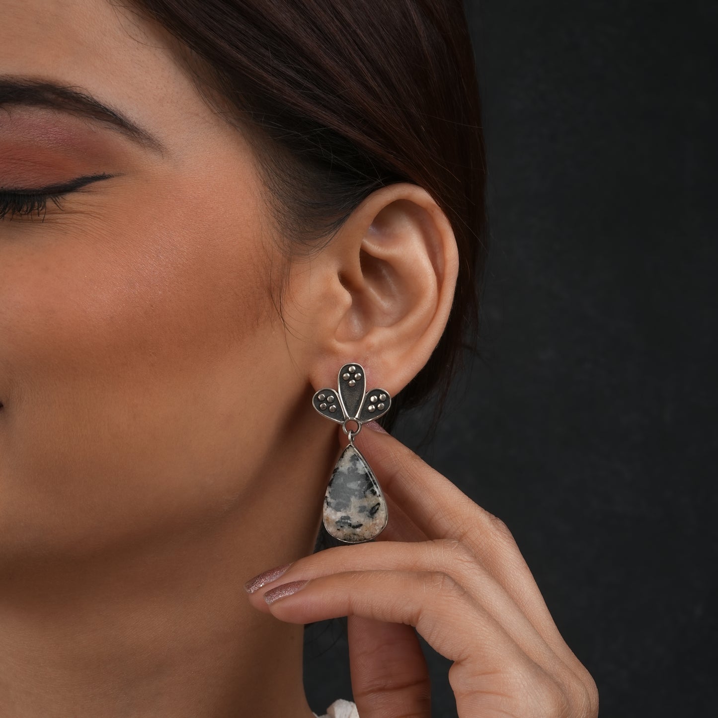 Dalmatian Jasper Studded Silver Earrings
