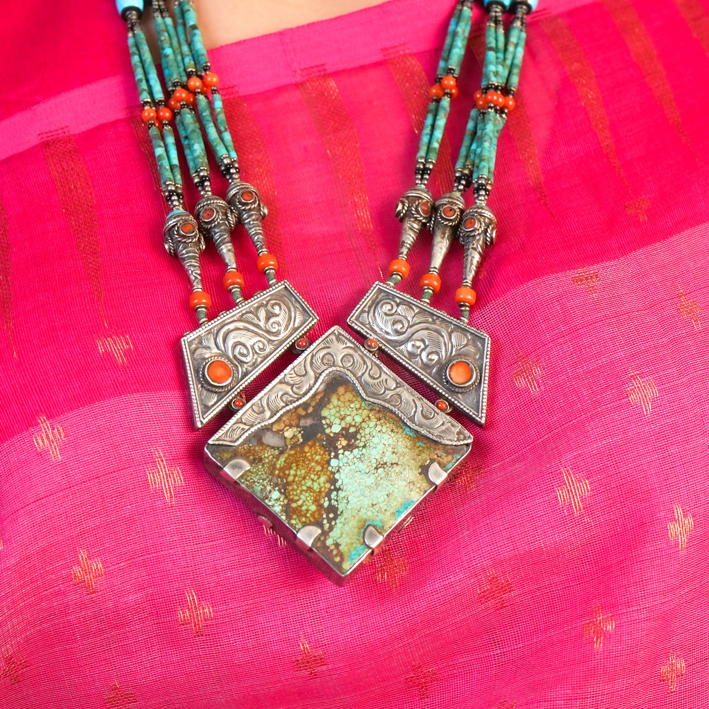 Antique Silver Necklace on Turquoise Pipes