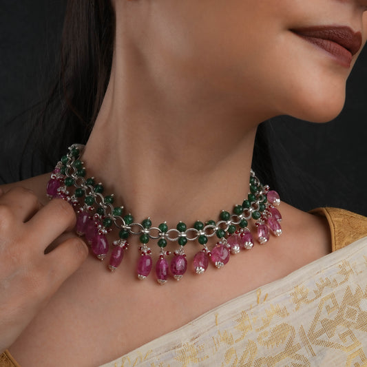 Gulbagh Ruby Red Emerald Green Silver Handcrafted Necklace