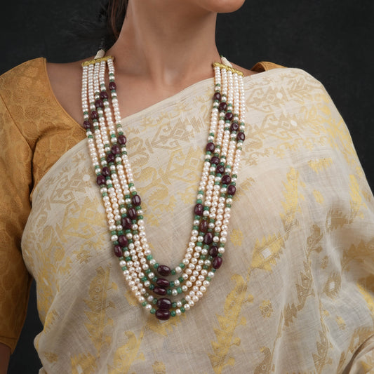 Pearls, Emerald Green,  Ruby Pink Layered Necklace