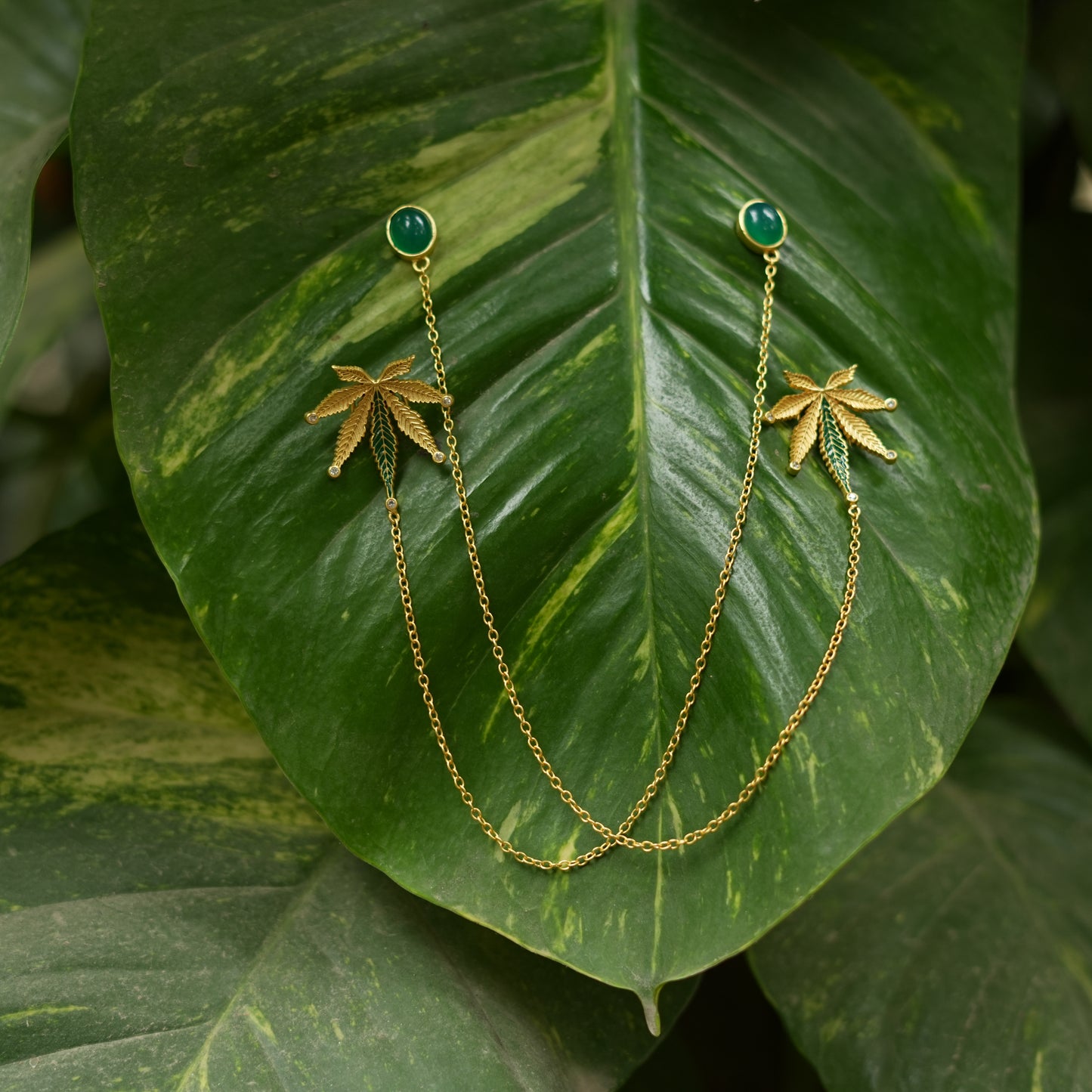 Corbett Canabis Leaf Earrings With Chains
