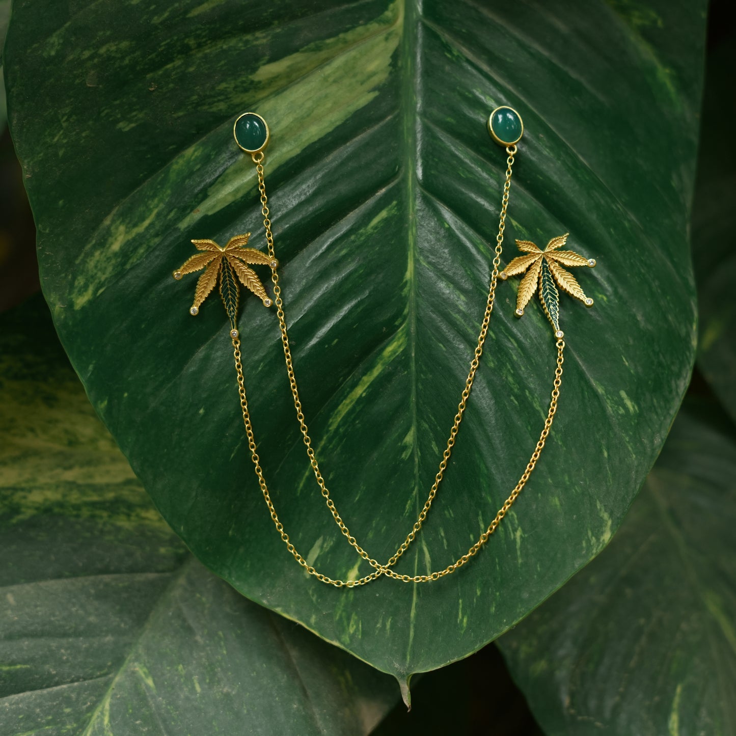 Corbett Canabis Leaf Earrings With Chains