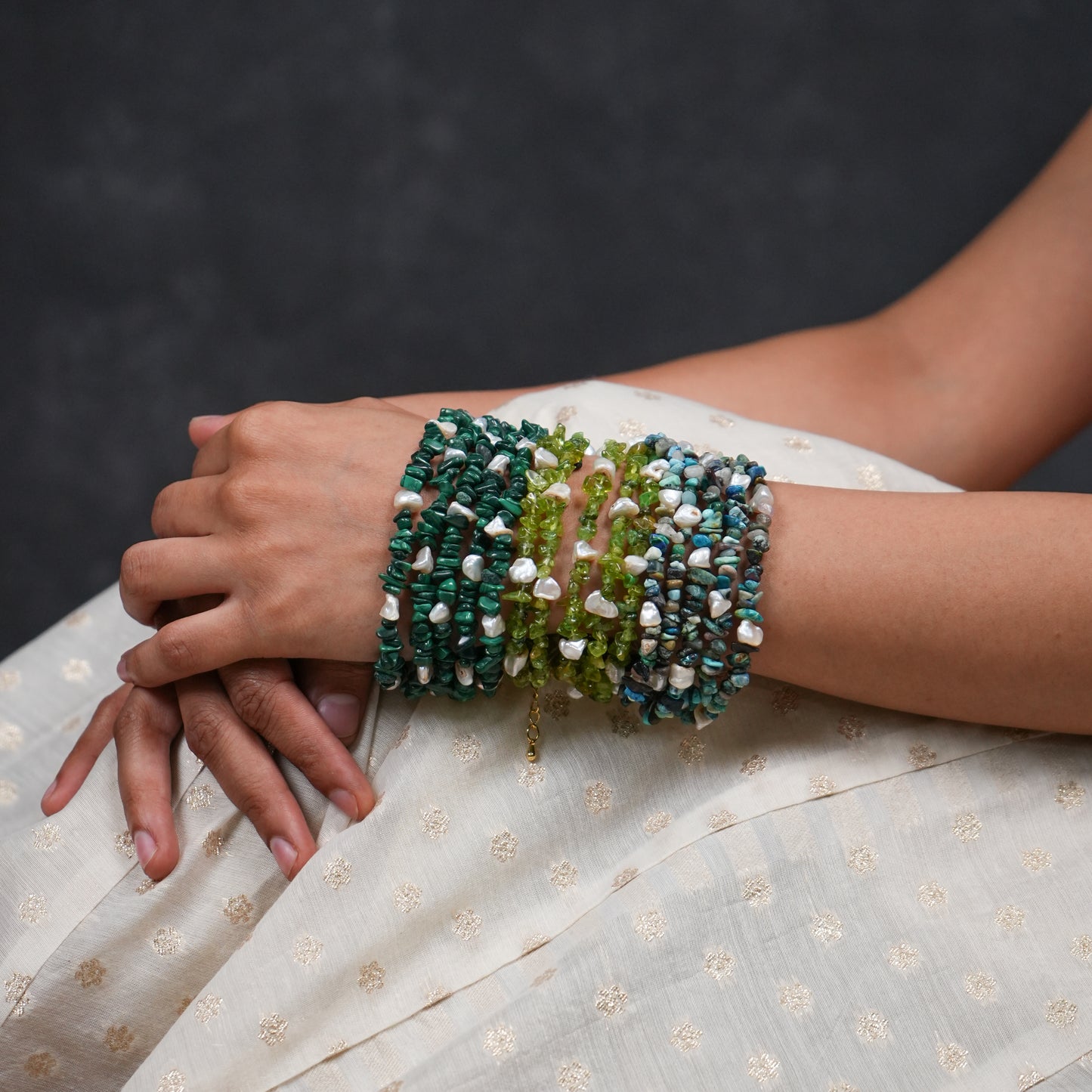 Natural Malachite And Pearls Multilayer Bracelets