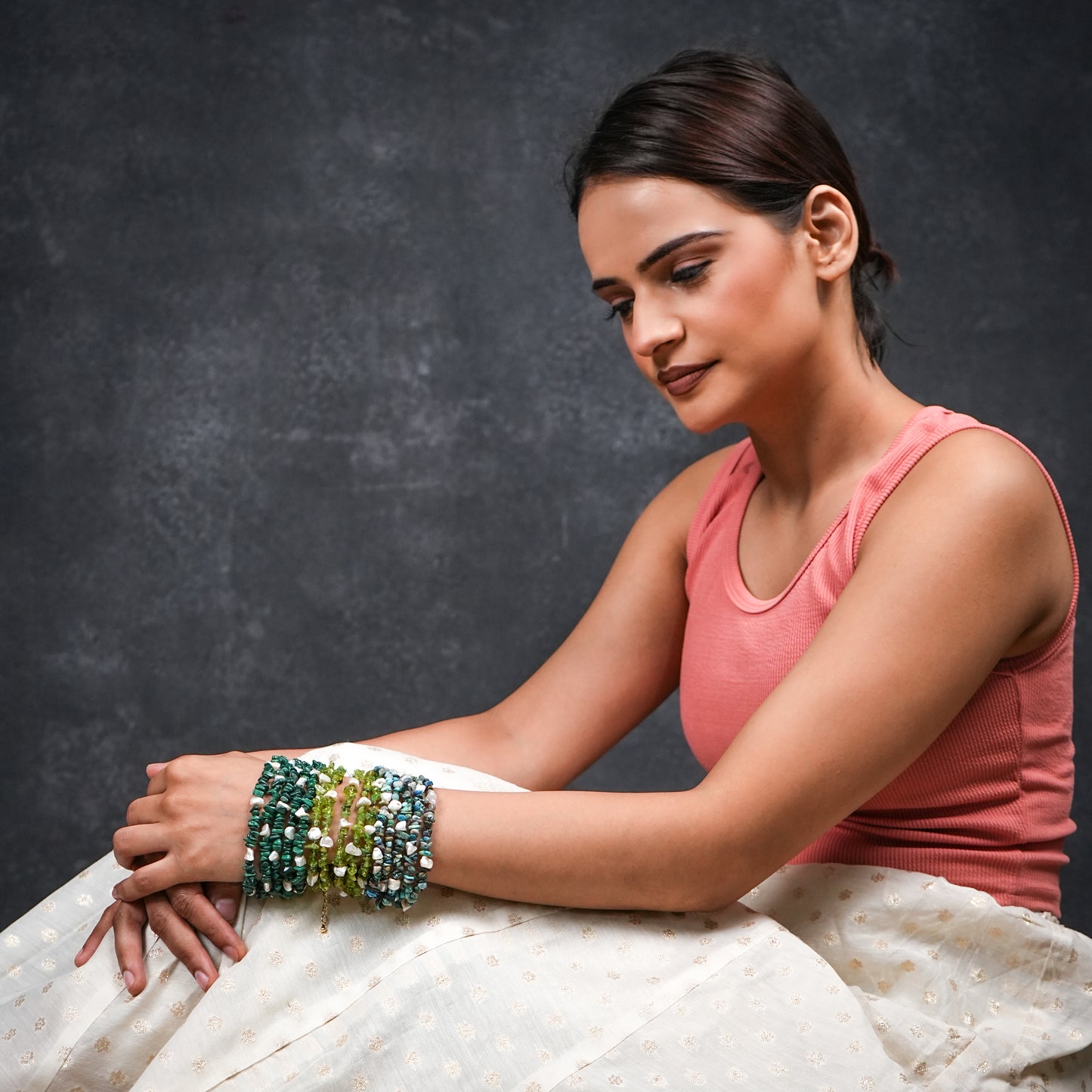Natural Peridot And Pearls Multi Layered Bracelet