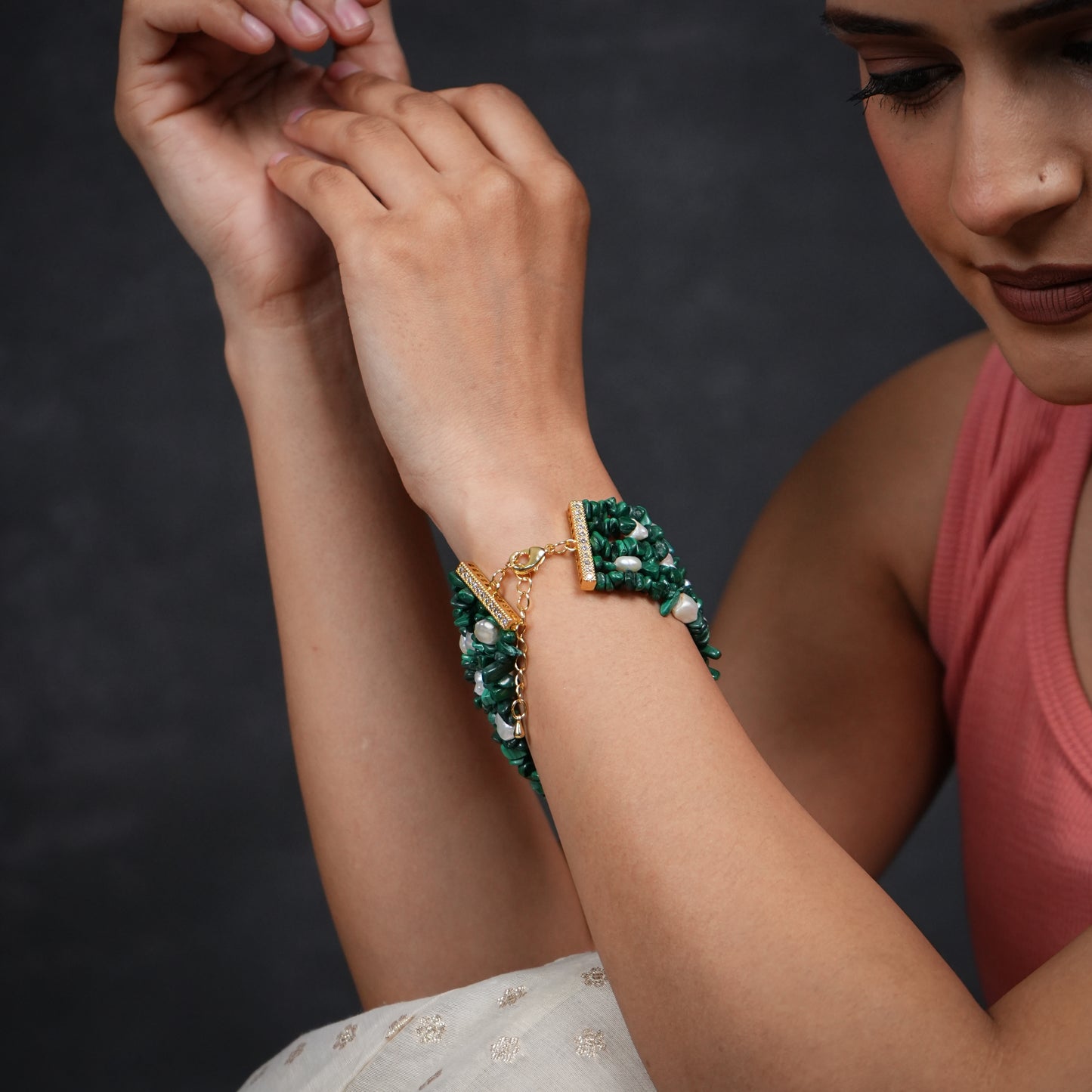 Natural Malachite And Pearls Multilayer Bracelets