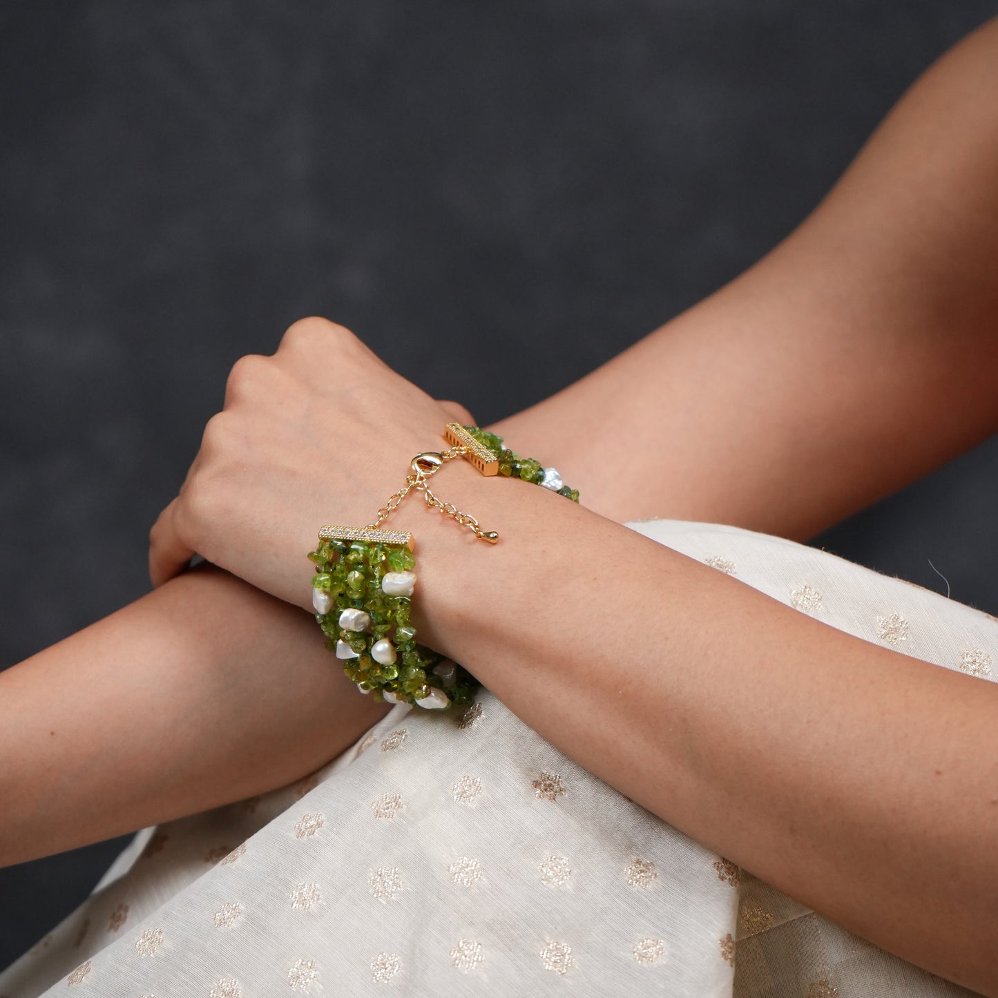 Natural Peridot And Pearls Multi Layered Bracelet