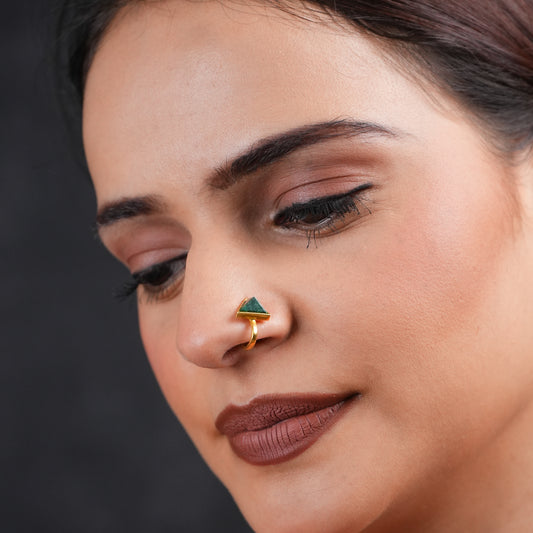 Malachite Triangle Gold Plated Silver Clip On Nose Pin