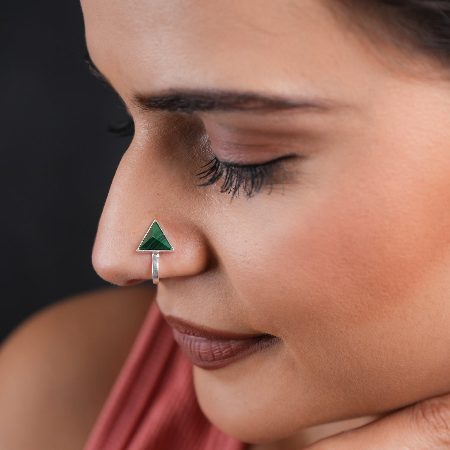 Malachite Triangle Silver Clip On Nose Pin