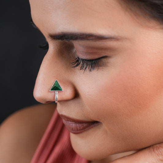 Malachite Triangle Silver Clip On Nose Pin