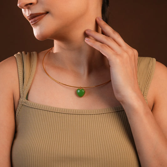 Green Onyx Heart Gold Plated Silver Hasli