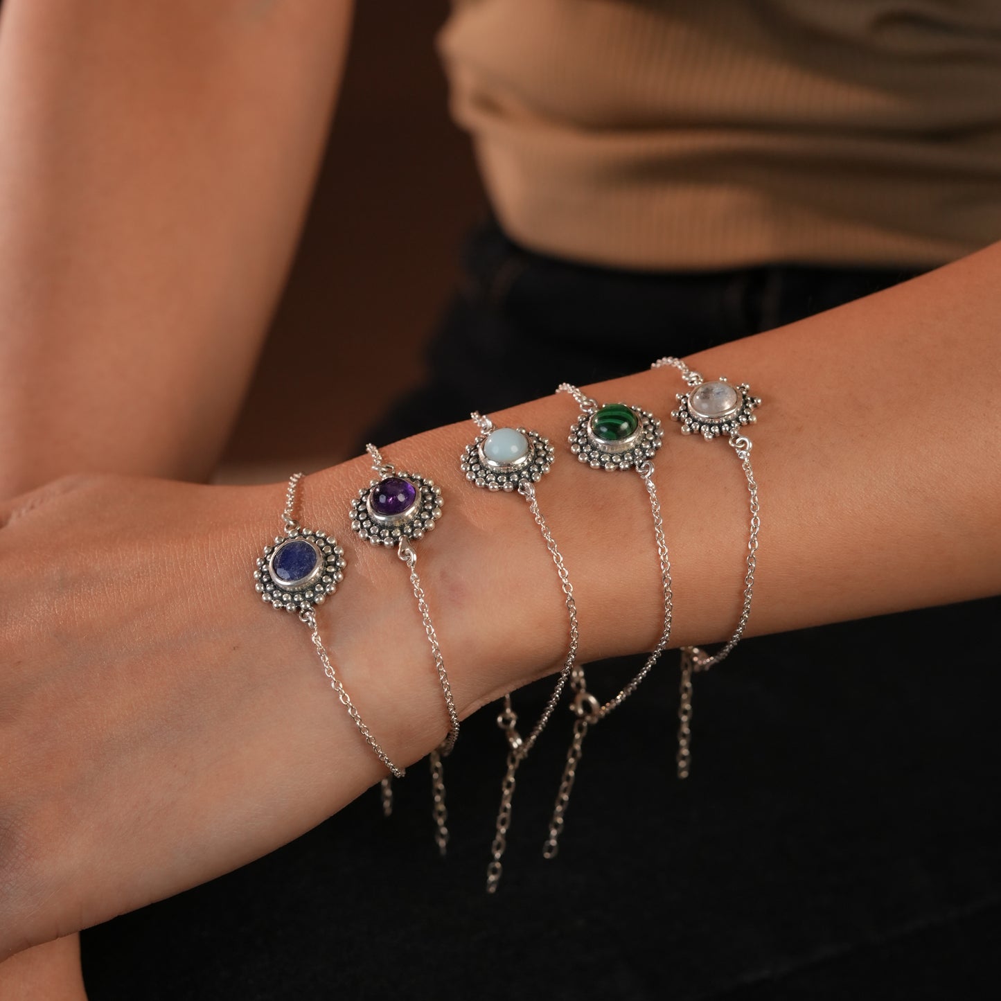Dainty Moon Stone Silver Bracelet